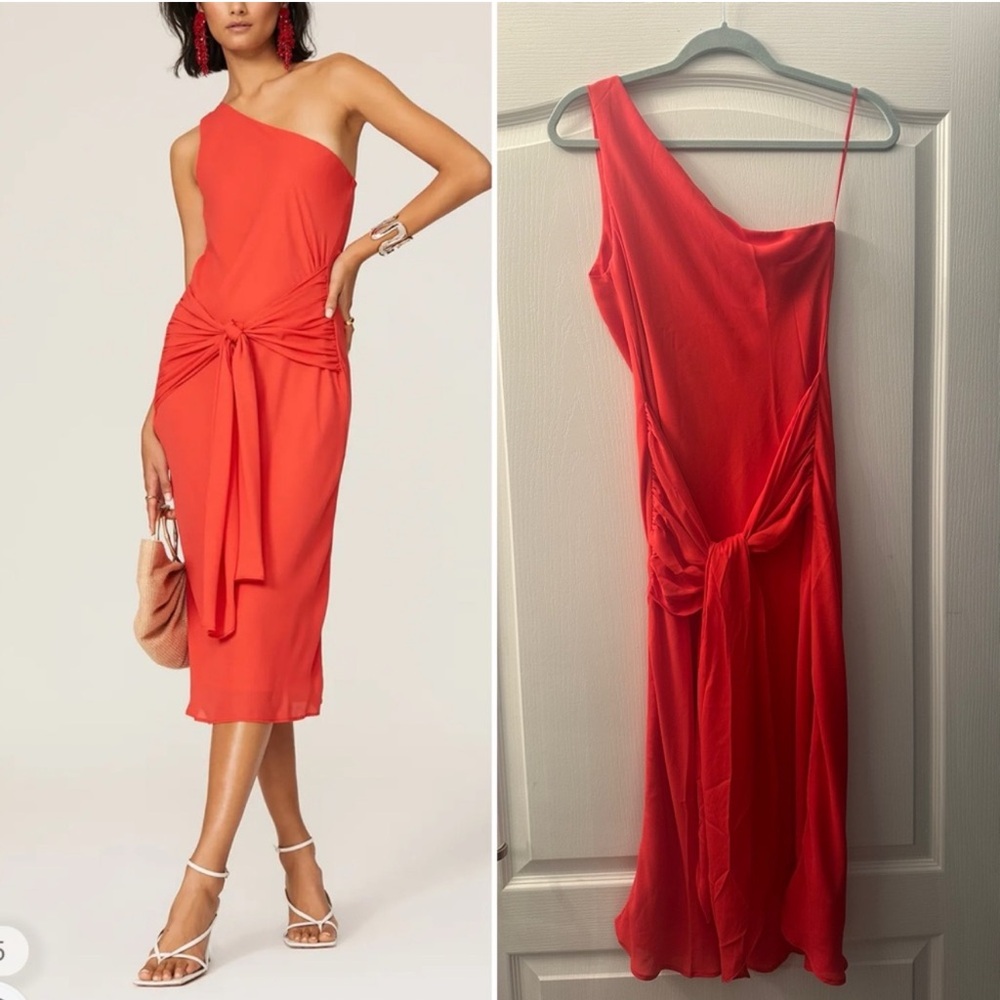 Kriss Elegant One-Shoulder Coral Midi Dress S